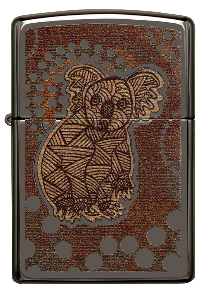 Zippo lighter front view Black Ice® with coloured illustration of a koala in the style of Aboriginal art.