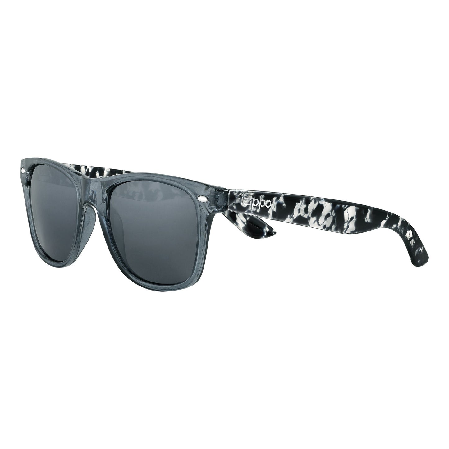 Zippo Sunglasses Front View 3/4 Angle with Grey Lenses and Black White Frame and Silver-tone Zippo Logo