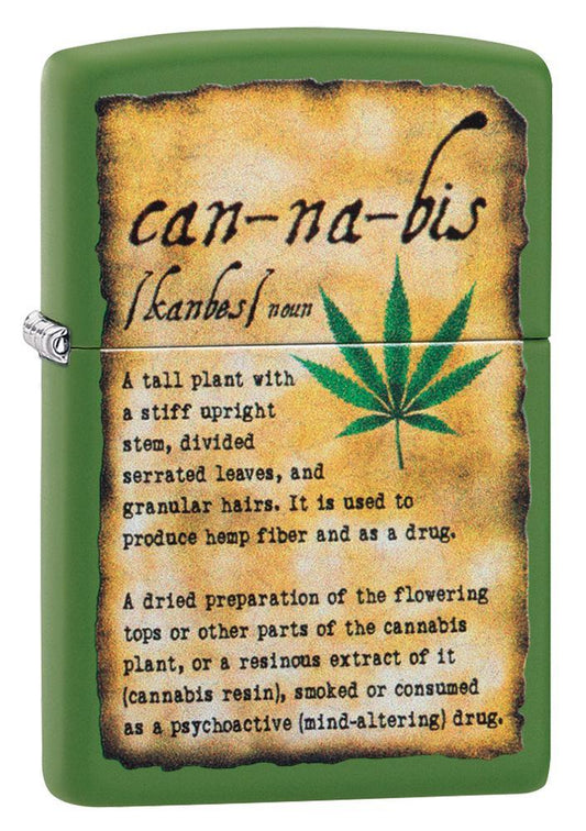 Cannabis Design Moss Green Matte lighter facing forward at a 3/4 angle