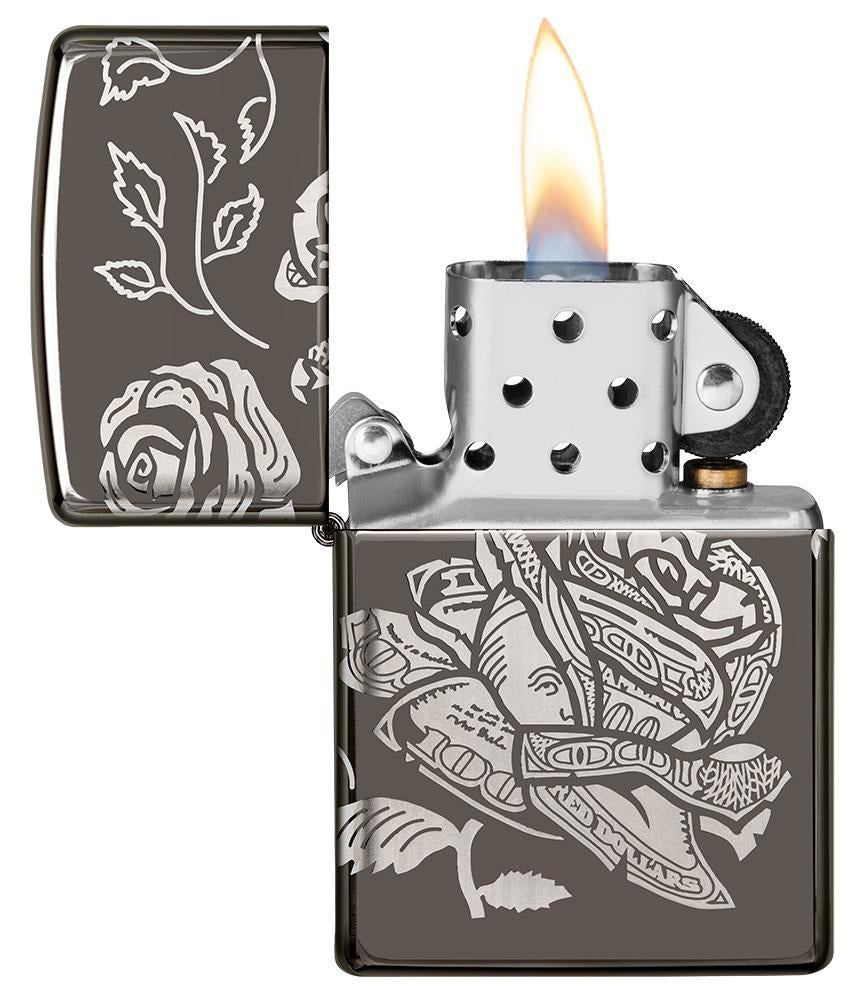 Currency 360 Design Black Ice windproof lighter with its lid open and lit