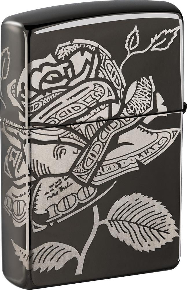 Currency 360 Design Black Ice windproof lighter facing backwards at a 3/4 angle