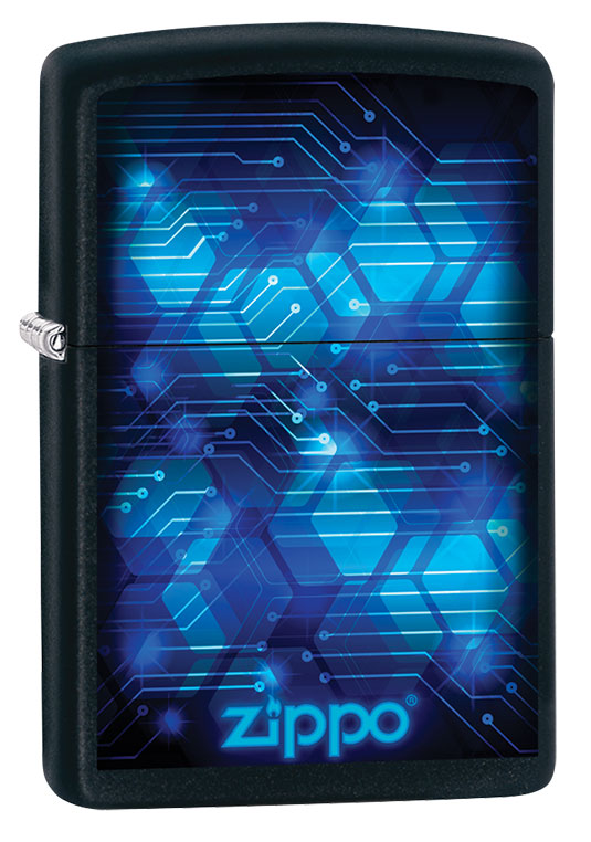 Vue de trois quarts du briquet tempête Zippo Blue Design