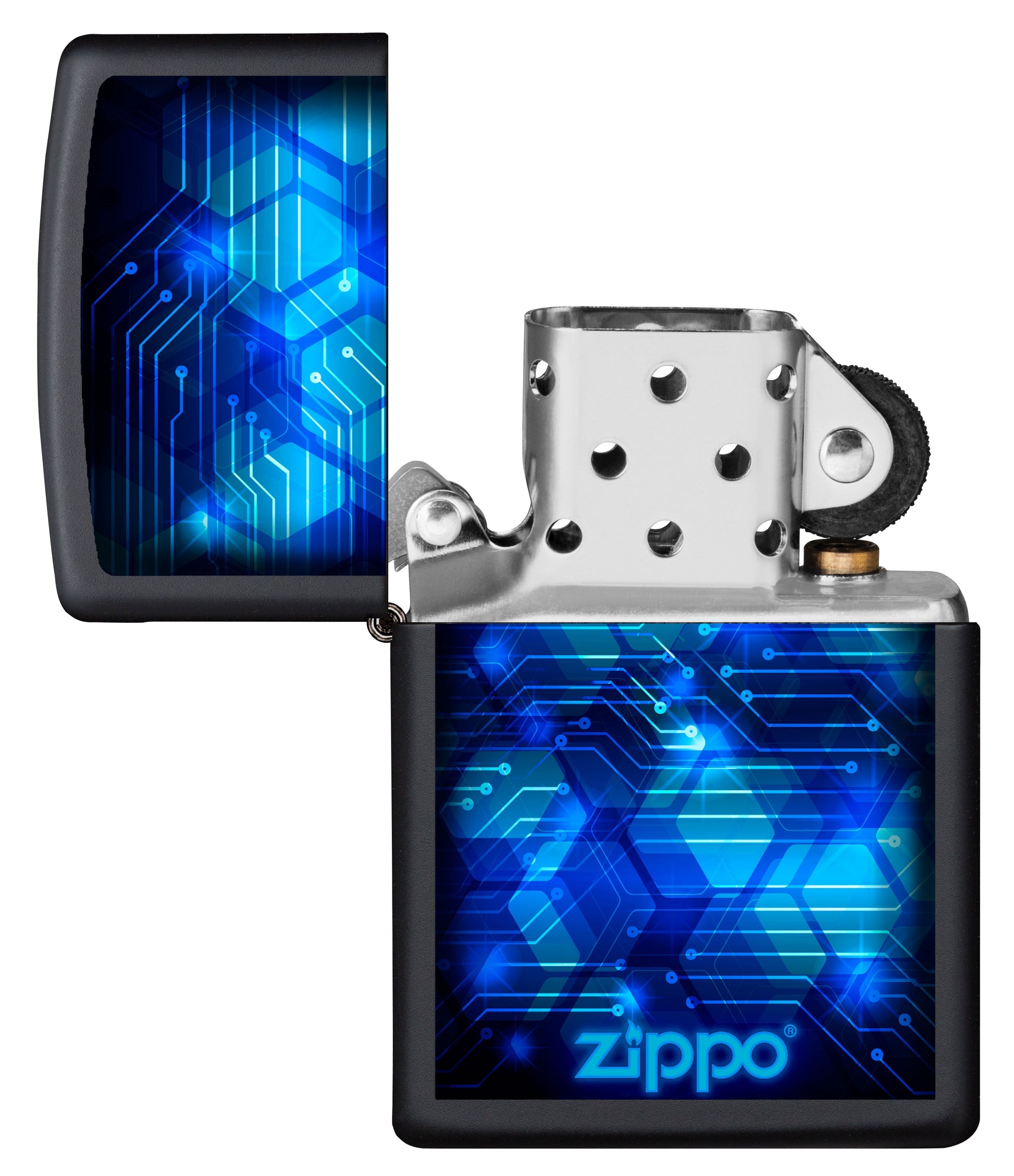 Vue de face du briquet tempête Zippo Blue Design éteint, sans flamme