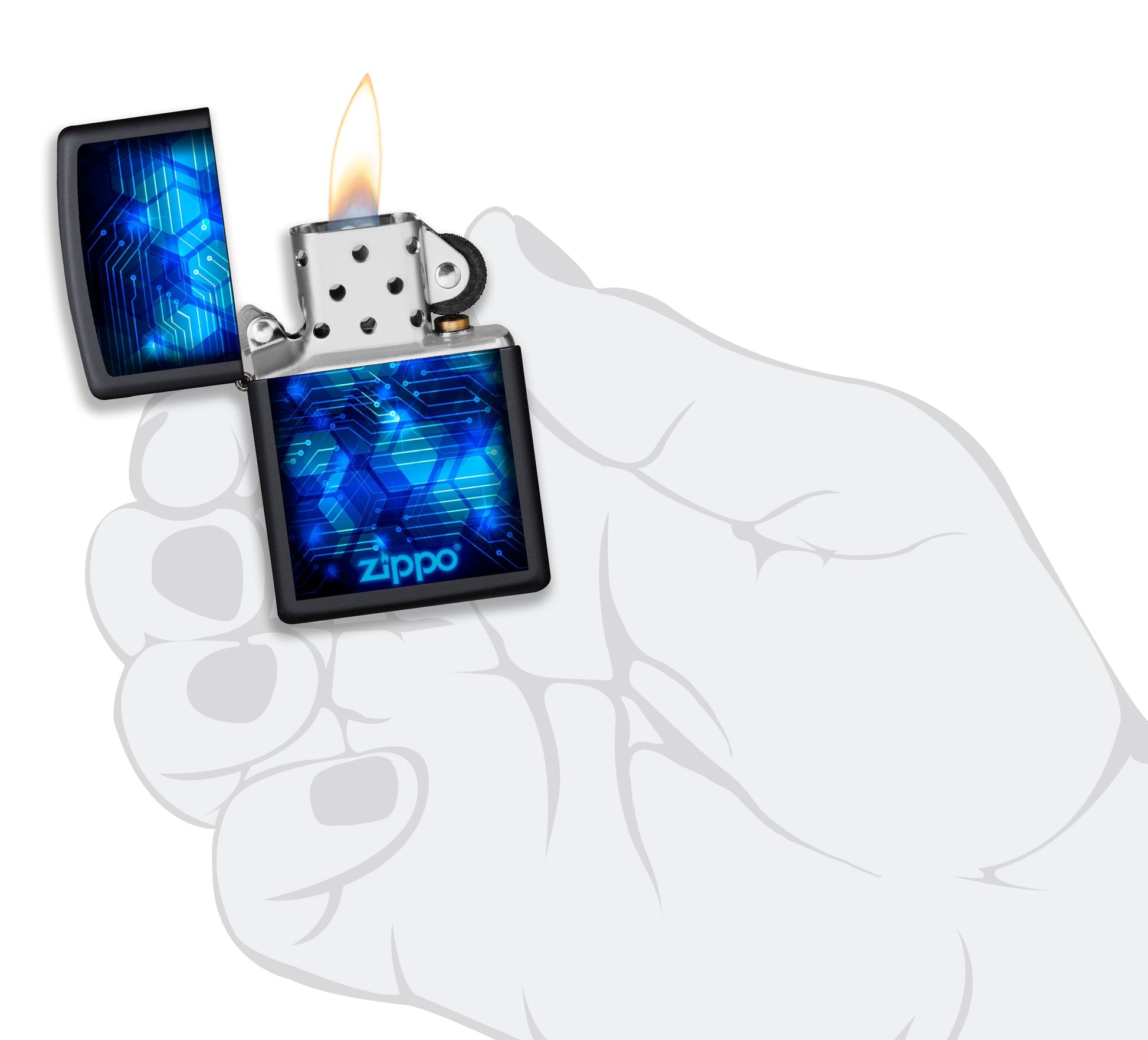 Briquet tempête Zippo Blue Design dans une main pour représenter la taille du briquet