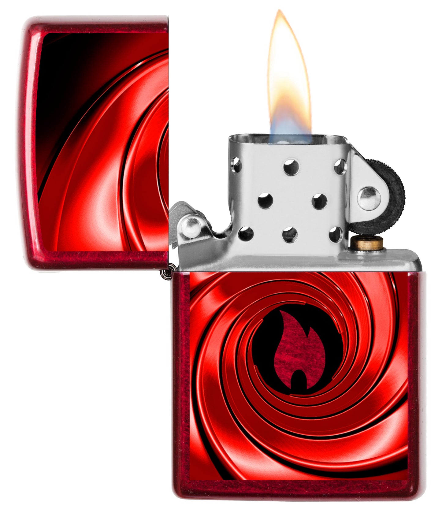 Vue de face du briquet tempête Zippo Red Swirl Design ouvert, avec flamme