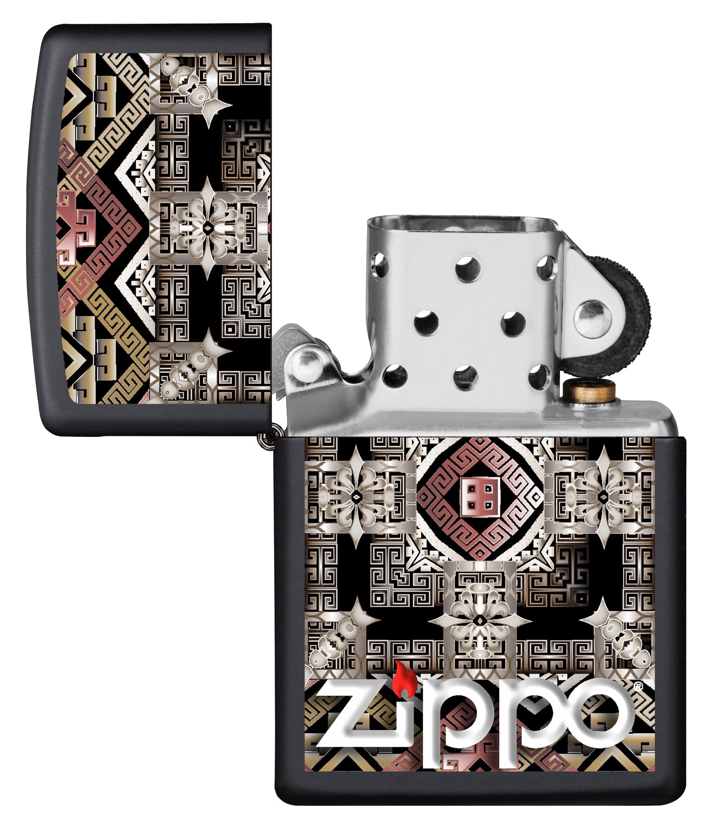 Vue de face du briquet tempête Zippo Tribal Design éteint, sans flamme