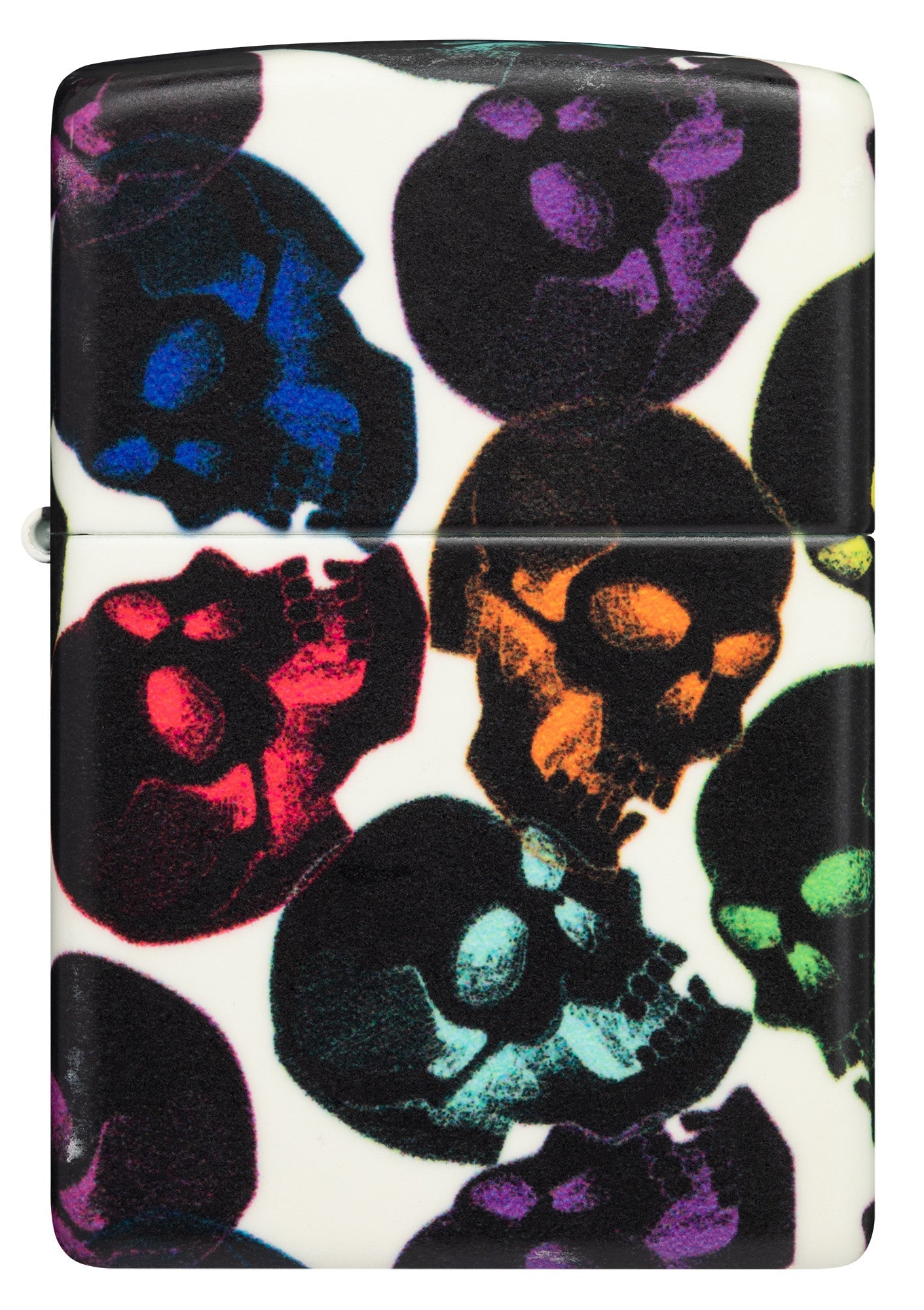 Front view of Skulls Design lighter with some multicolored skulls shining in the night