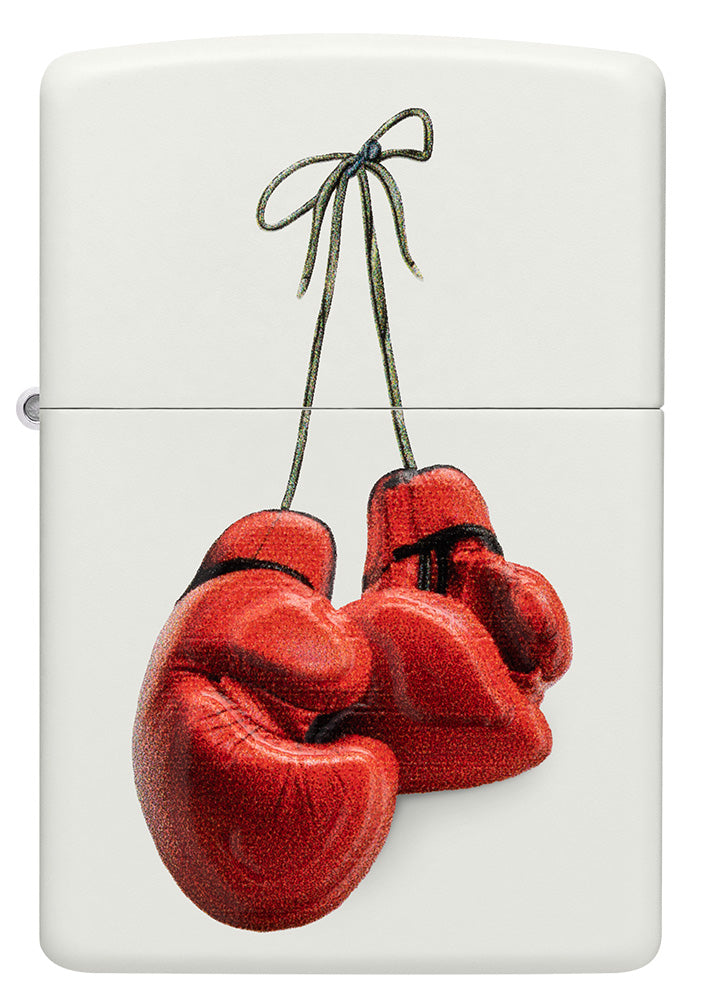Front view Zippo lighter white with red boxing gloves