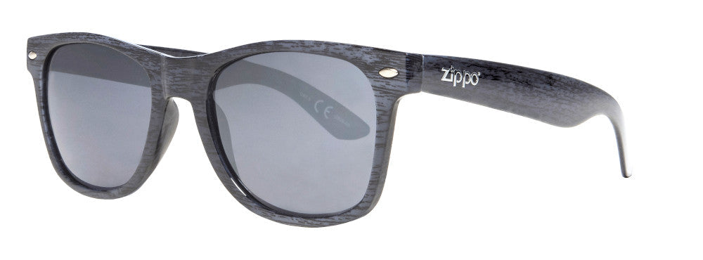 Zippo Sunglasses Front View 3/4 Angle With Black Lenses And Black Frame And Silver Zippo Logo
