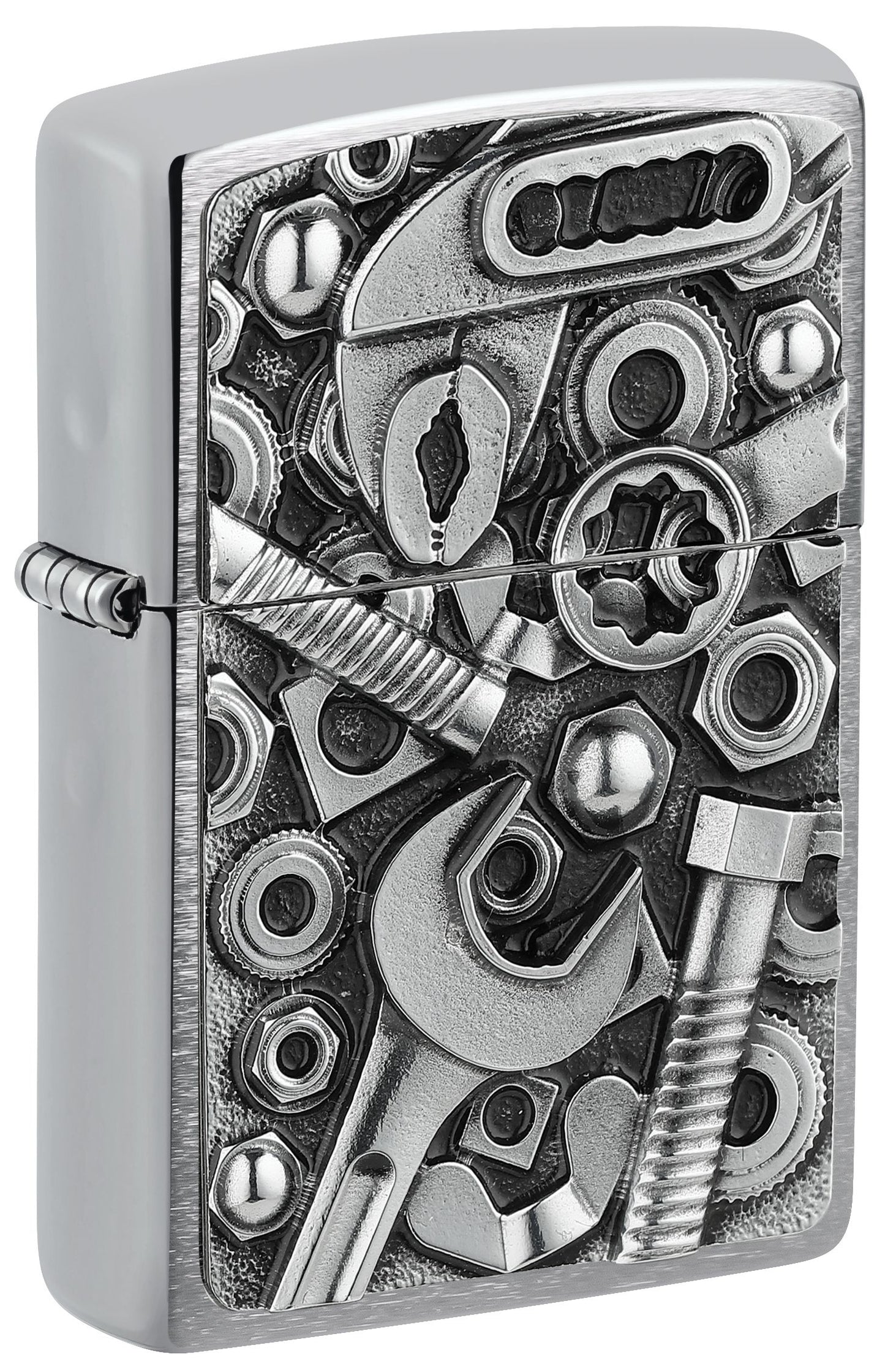 Zippo lighter with detailed tool design on a silver background P1