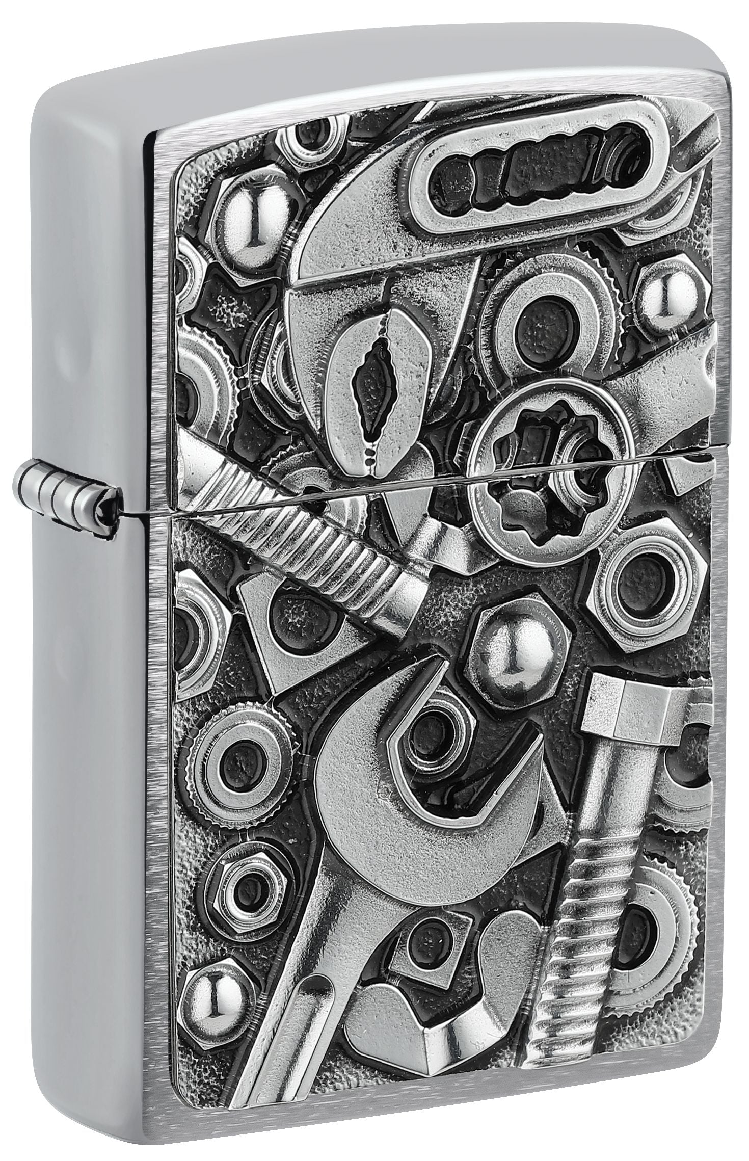 Zippo lighter with detailed tool design on a silver background P1