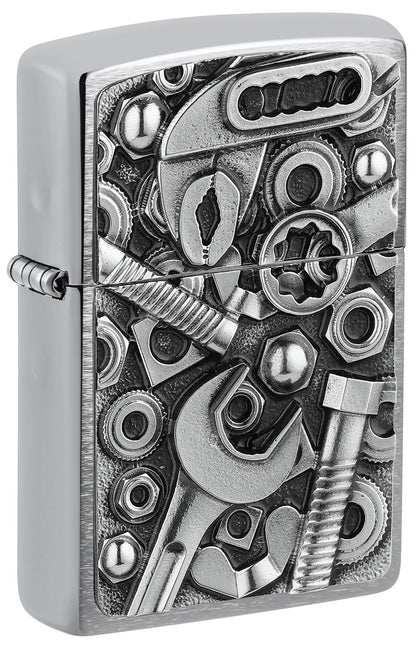 Zippo lighter with detailed tool design on a silver background P1