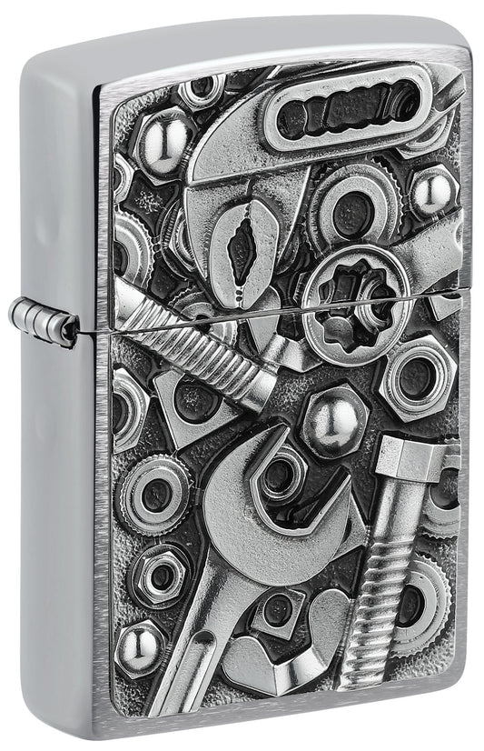 Zippo lighter with detailed tool design on a silver background P1