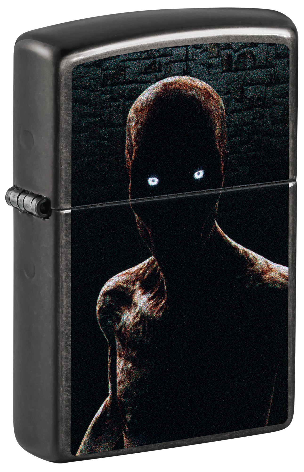 Black Zippo lighter with a spooky figure design P1