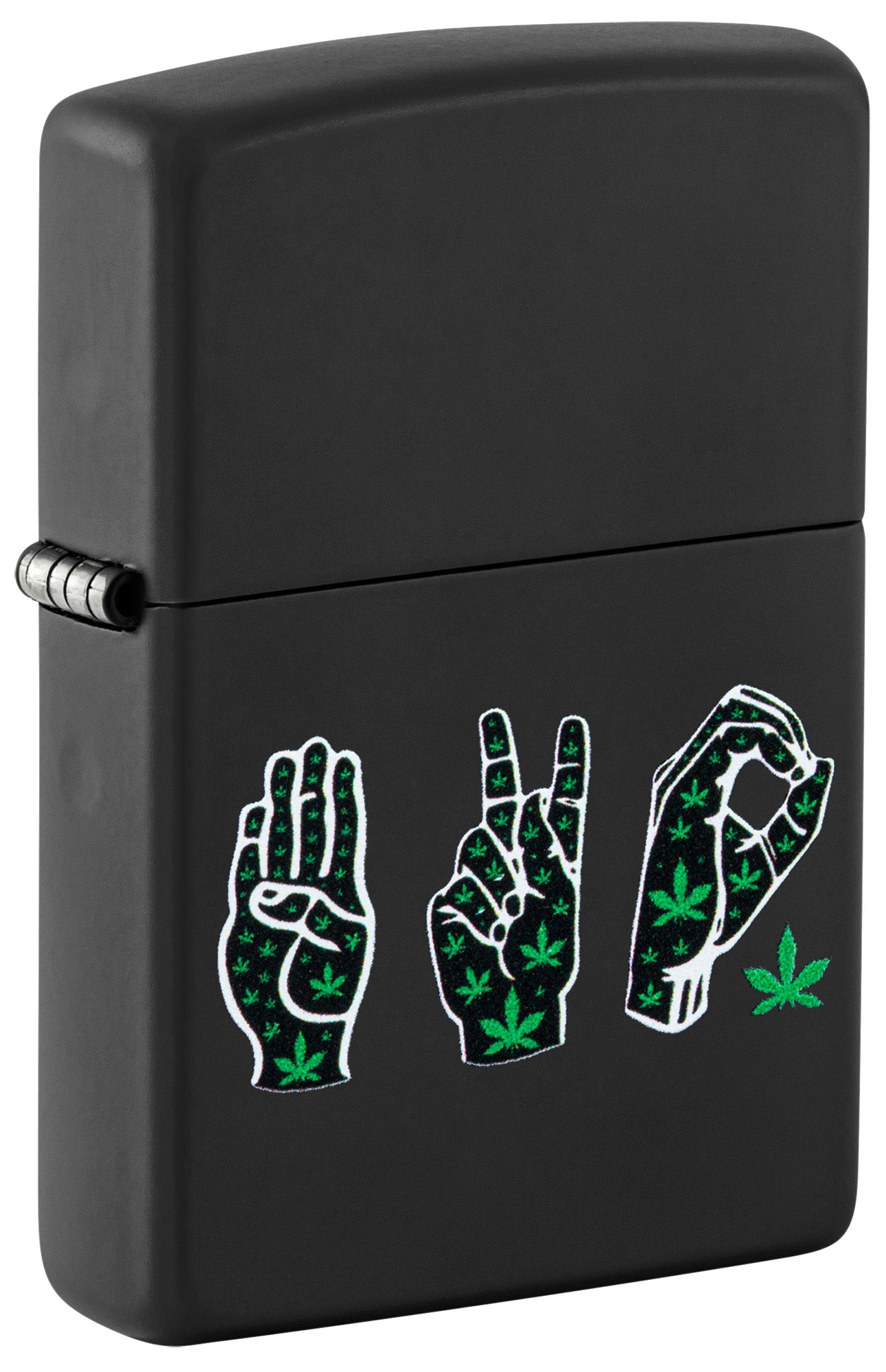 Black Zippo lighter with hand designs featuring cannabis leaves P1