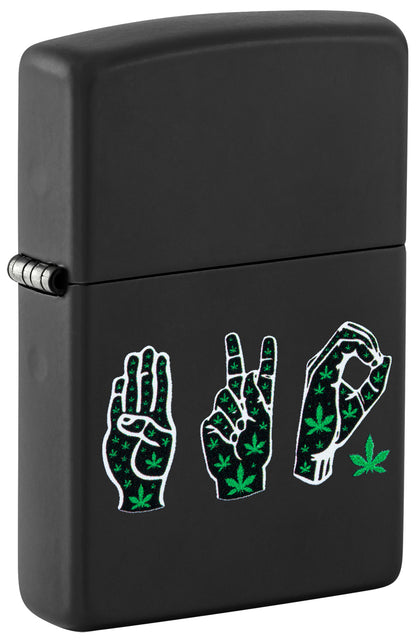 Black Zippo lighter with hand designs featuring cannabis leaves P1