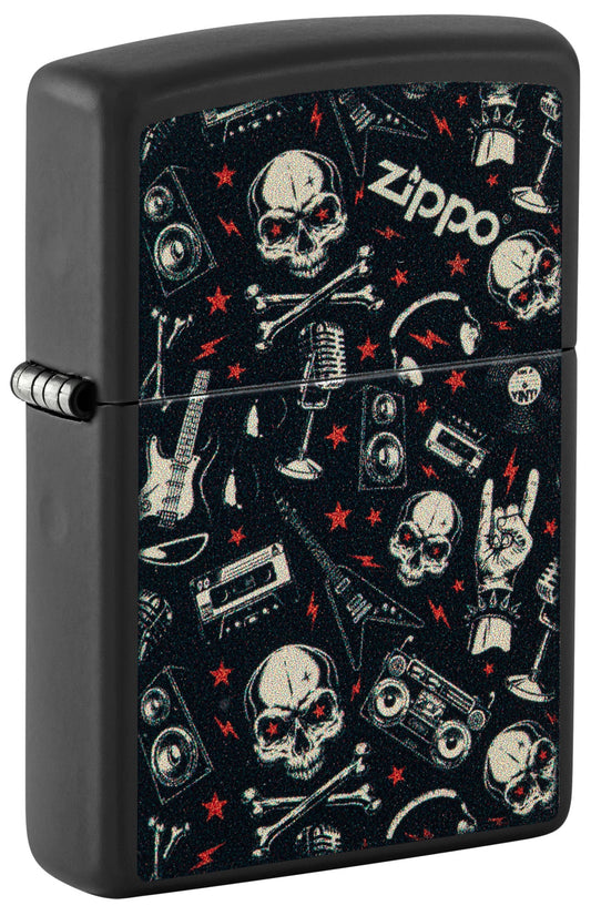 Black Zippo lighter with music-themed design featuring skulls, guitars, and microphones P1