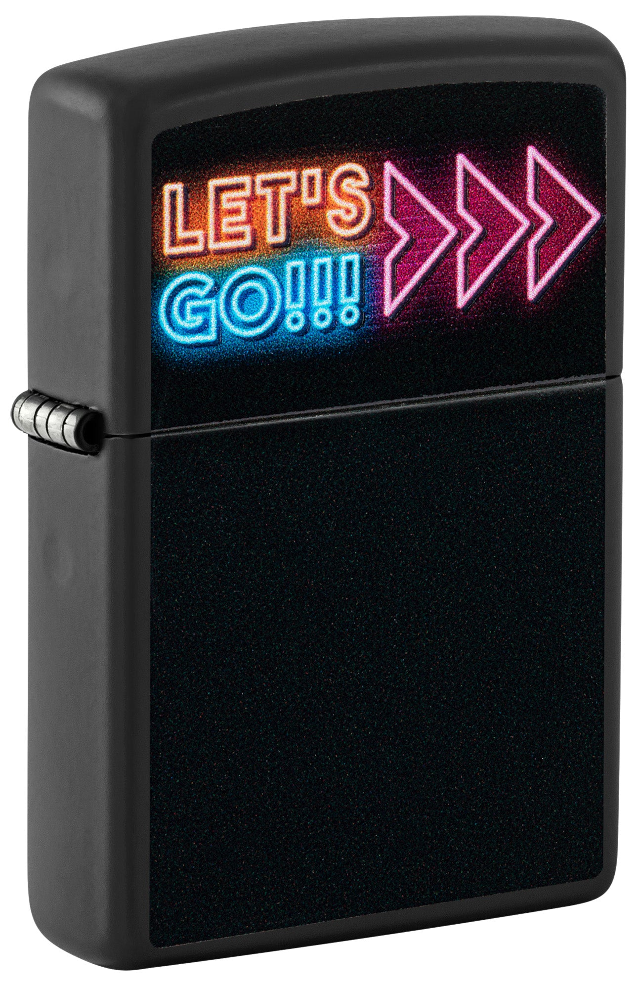 Black Zippo lighter with colorful 'Let's Go!!!' text and arrows P1
