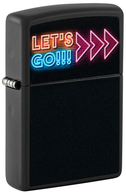 Black Zippo lighter with colorful 'Let's Go!!!' text and arrows P1