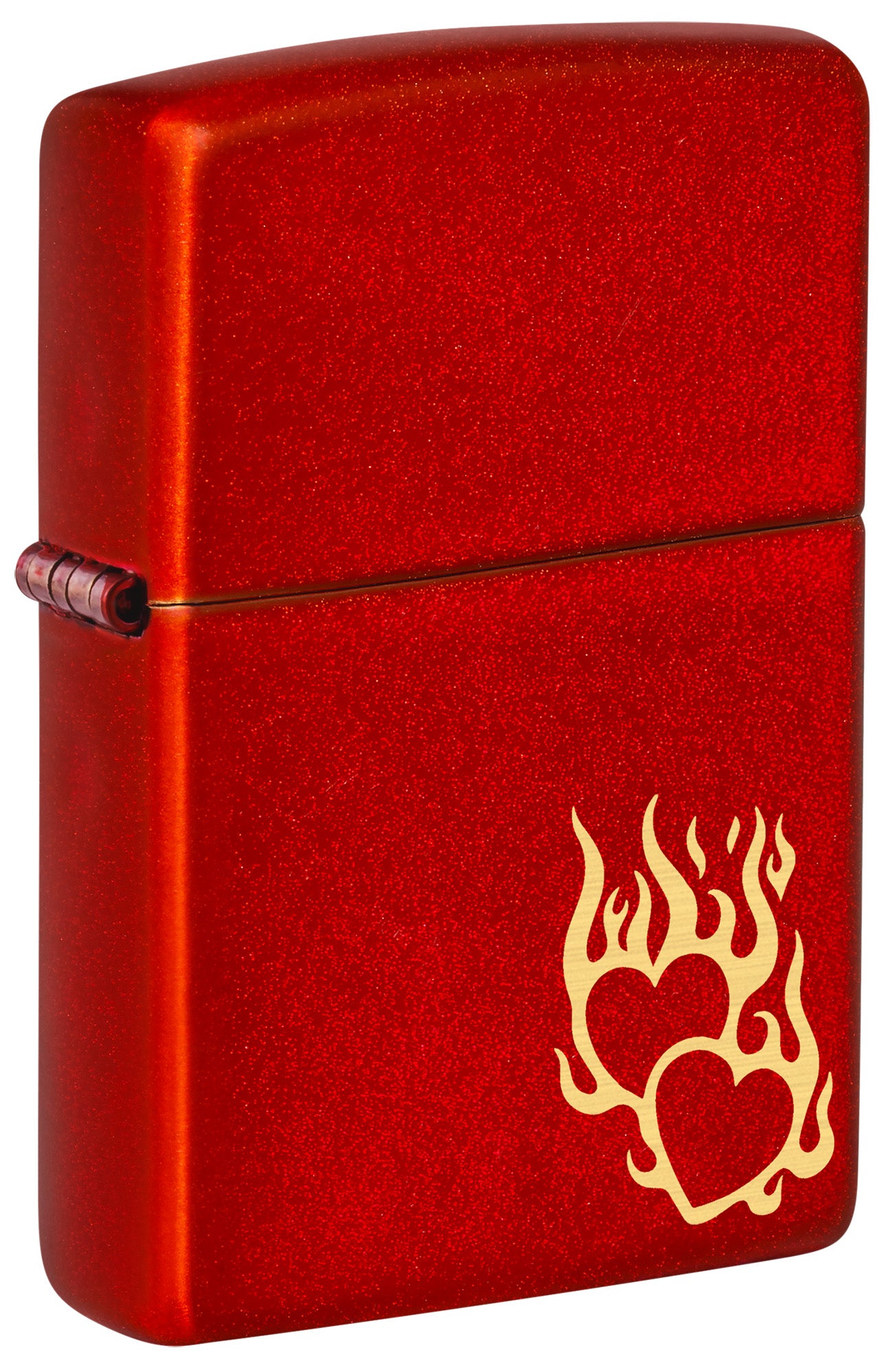 A red metallic Zippo lighter with a gold flame-and-heart graphic P1