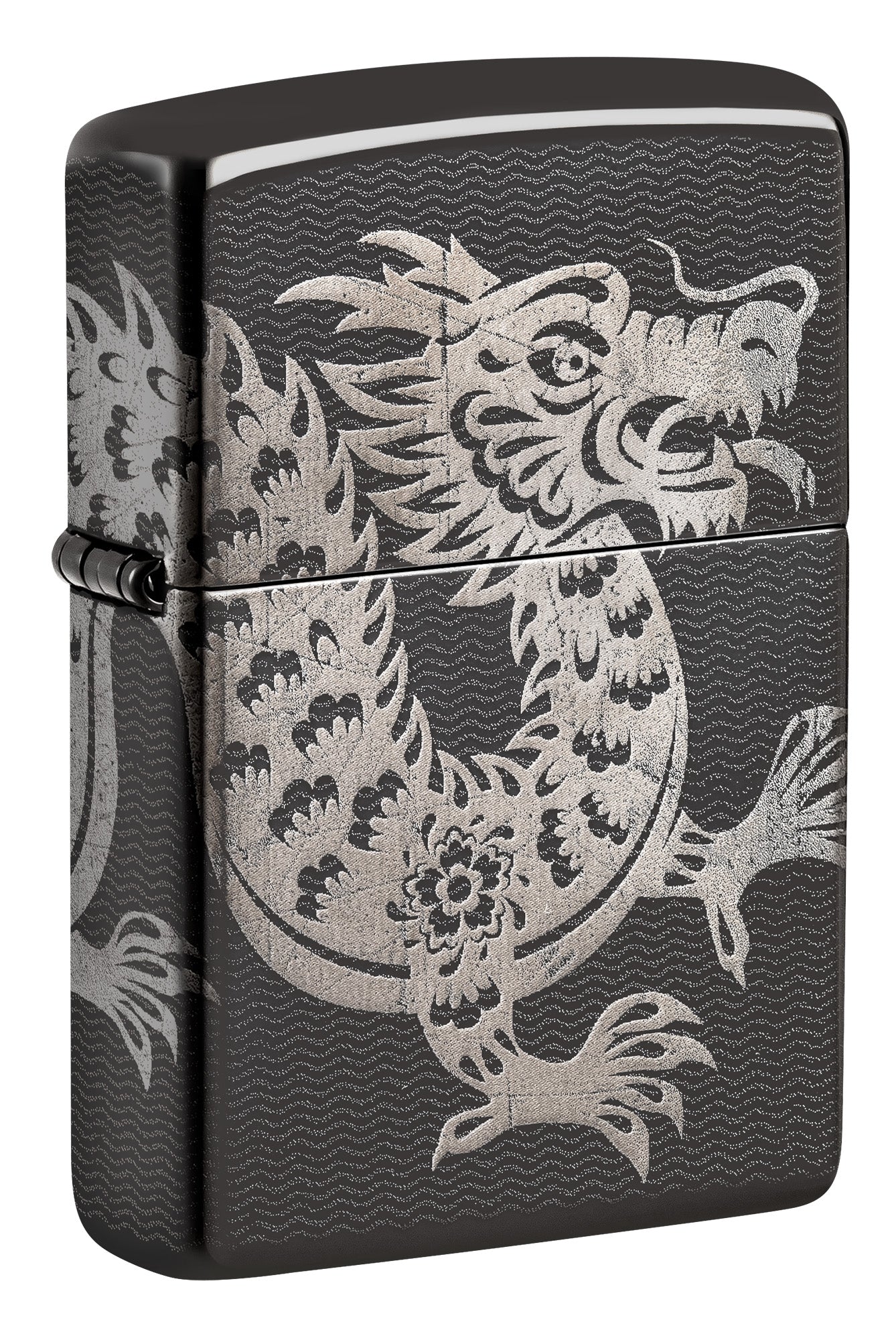 A black Zippo lighter featuring a detailed silver dragon design P1