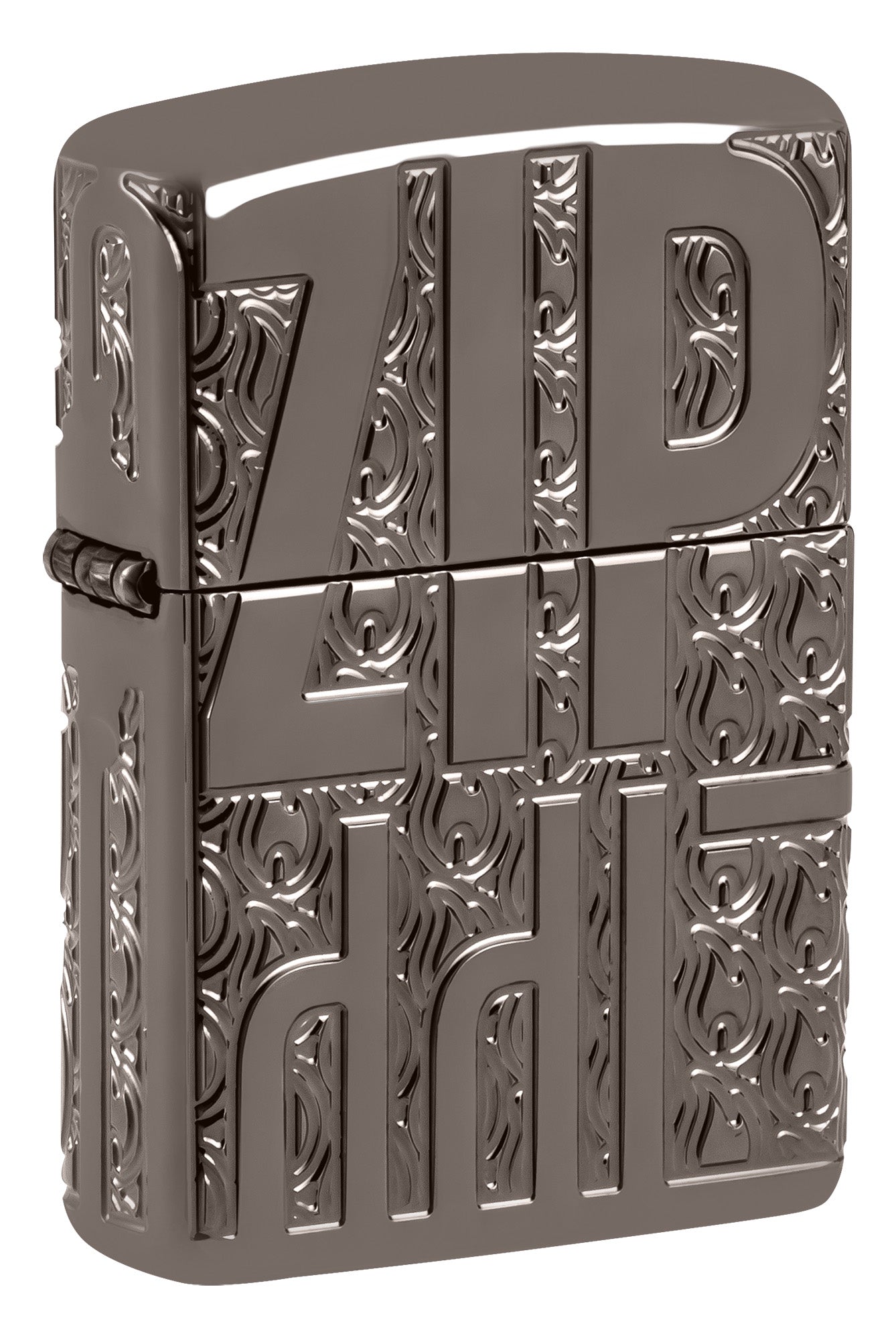 Metallic Zippo lighter with intricate design P1