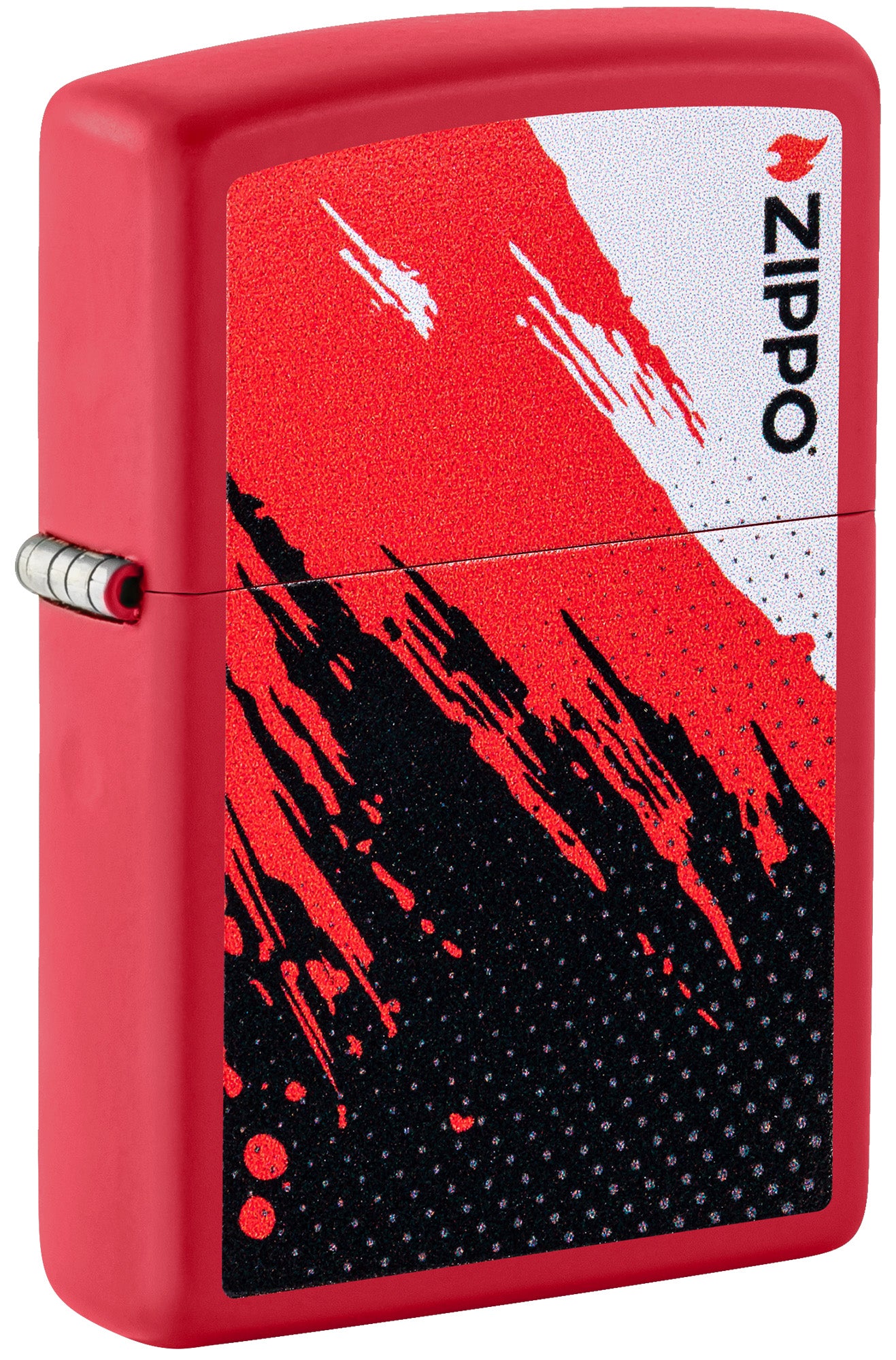 Red Zippo lighter with black abstract design and white accent P1