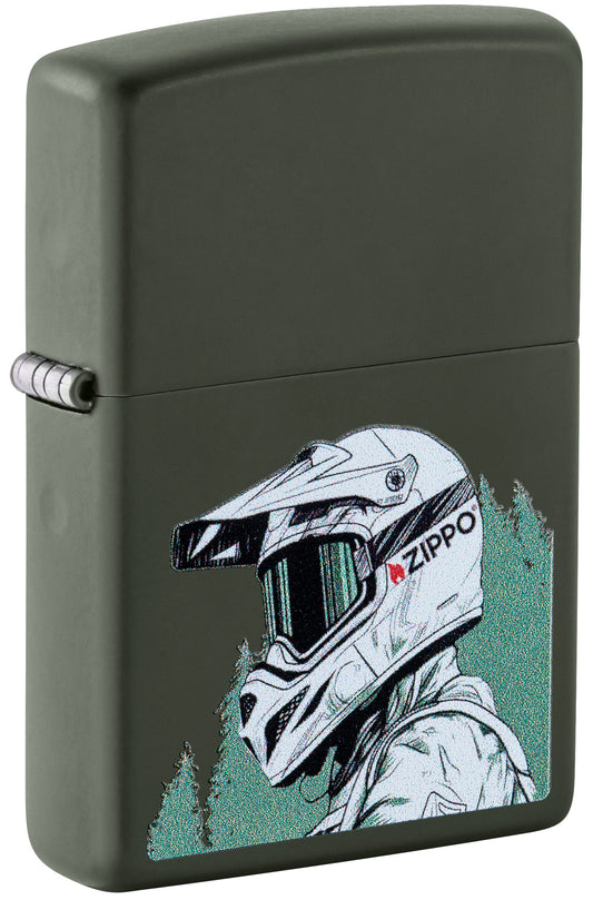Zippo lighter with a graphic of a helmet and 'Zippo' branding on a green background P1