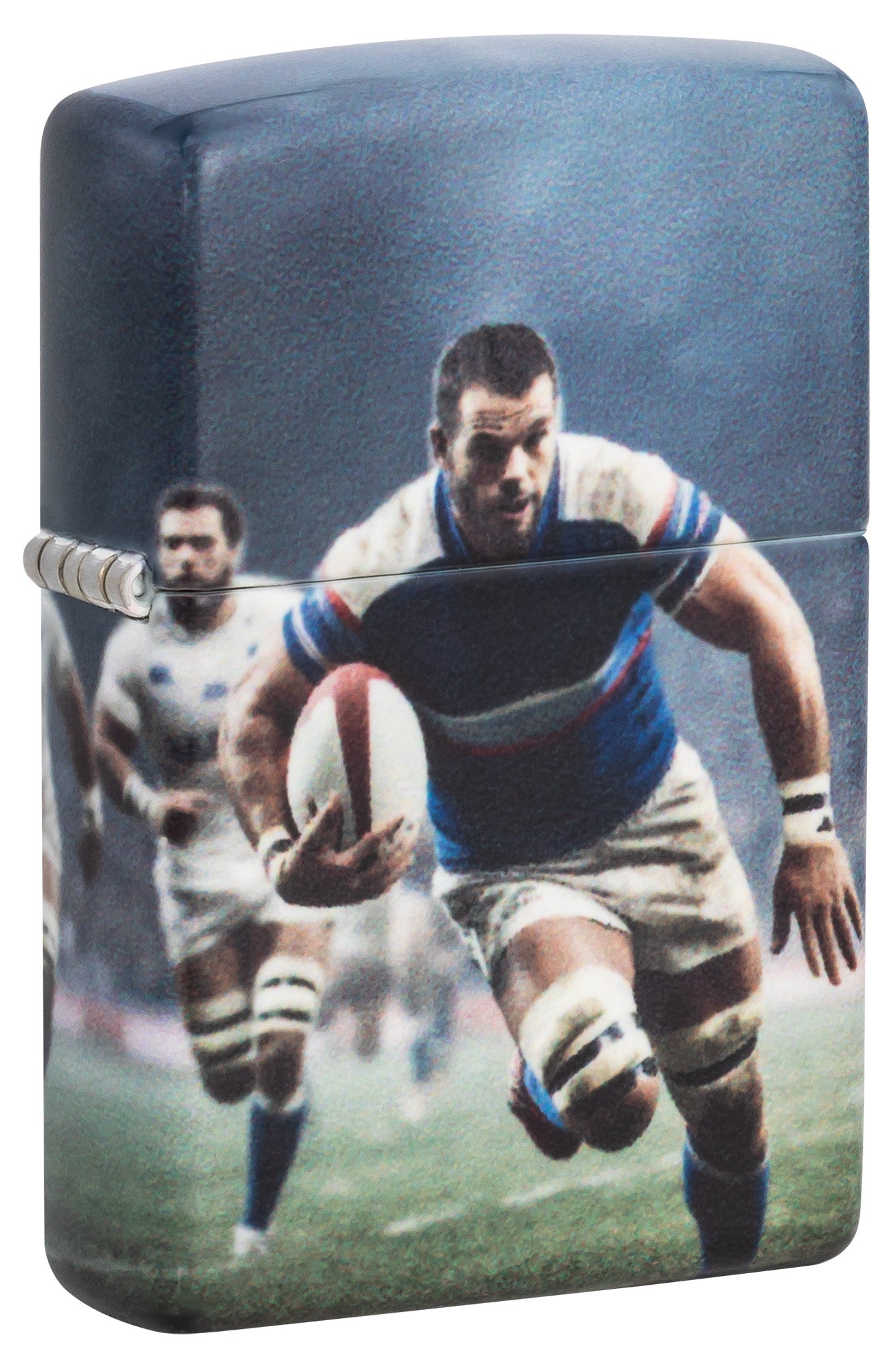 Zippo lighter with a rugby player design on a blue background P1