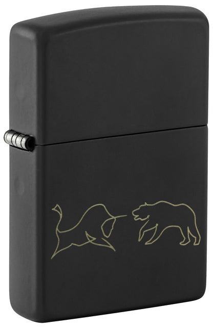 Black Zippo lighter with bull and bear design P1