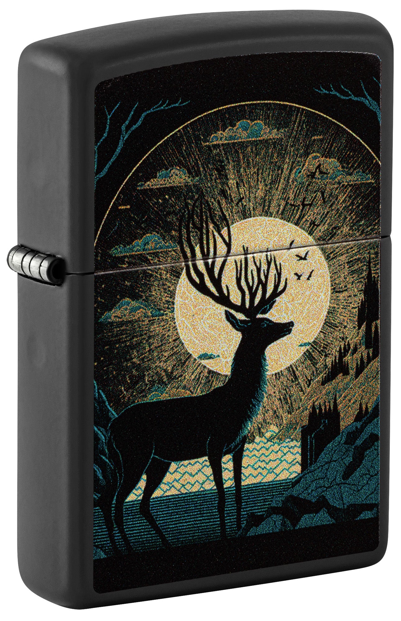 Zippo lighter with deer design on a black background P1
