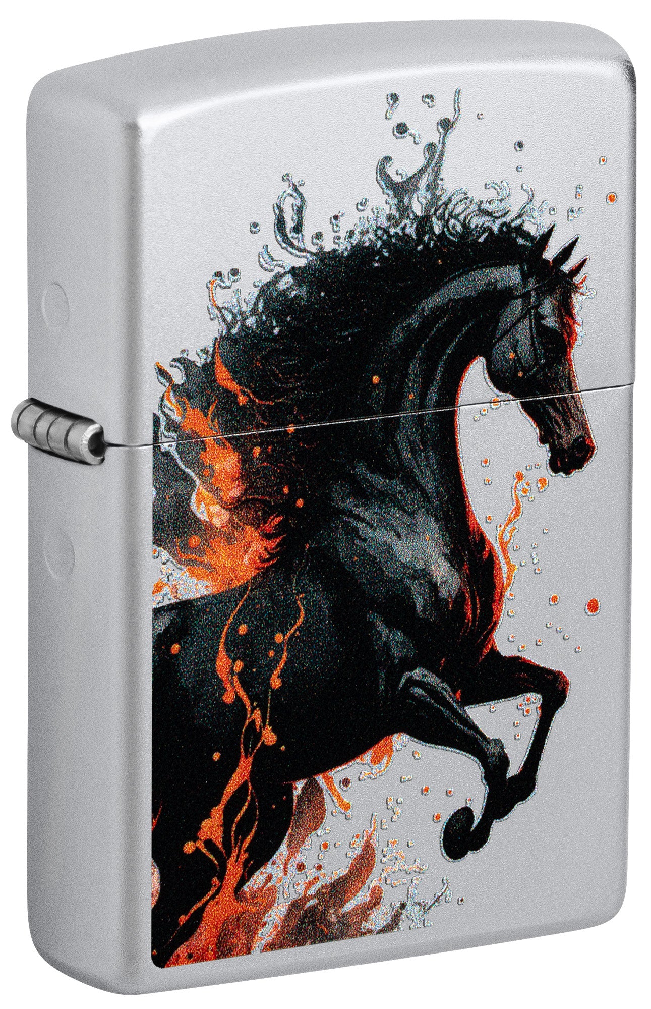 Zippo lighter with a design of a black horse on fire P1