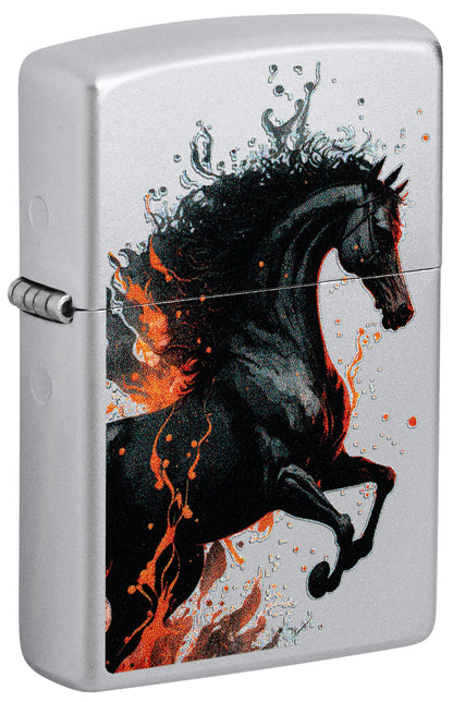 Zippo lighter with a design of a black horse on fire P1