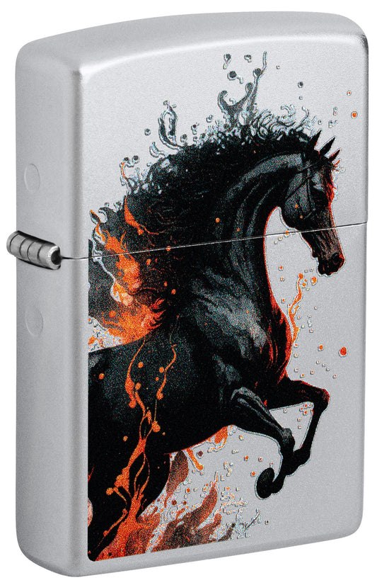 Zippo lighter with a design of a black horse on fire P1