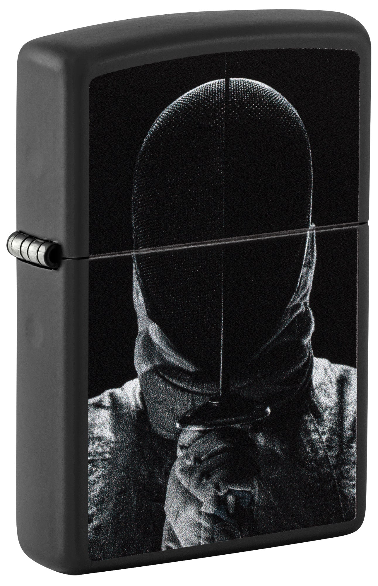 Black Zippo lighter with a design of a person wearing a hooded garment on a black background P1