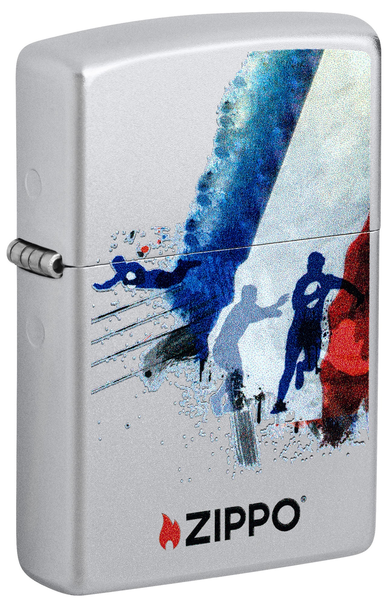 A silver Zippo lighter featuring a printed graphic of rugby players and the Zippo logo P1