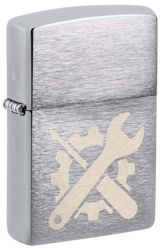 Silver Zippo lighter with a tool design on a reflective surface P1