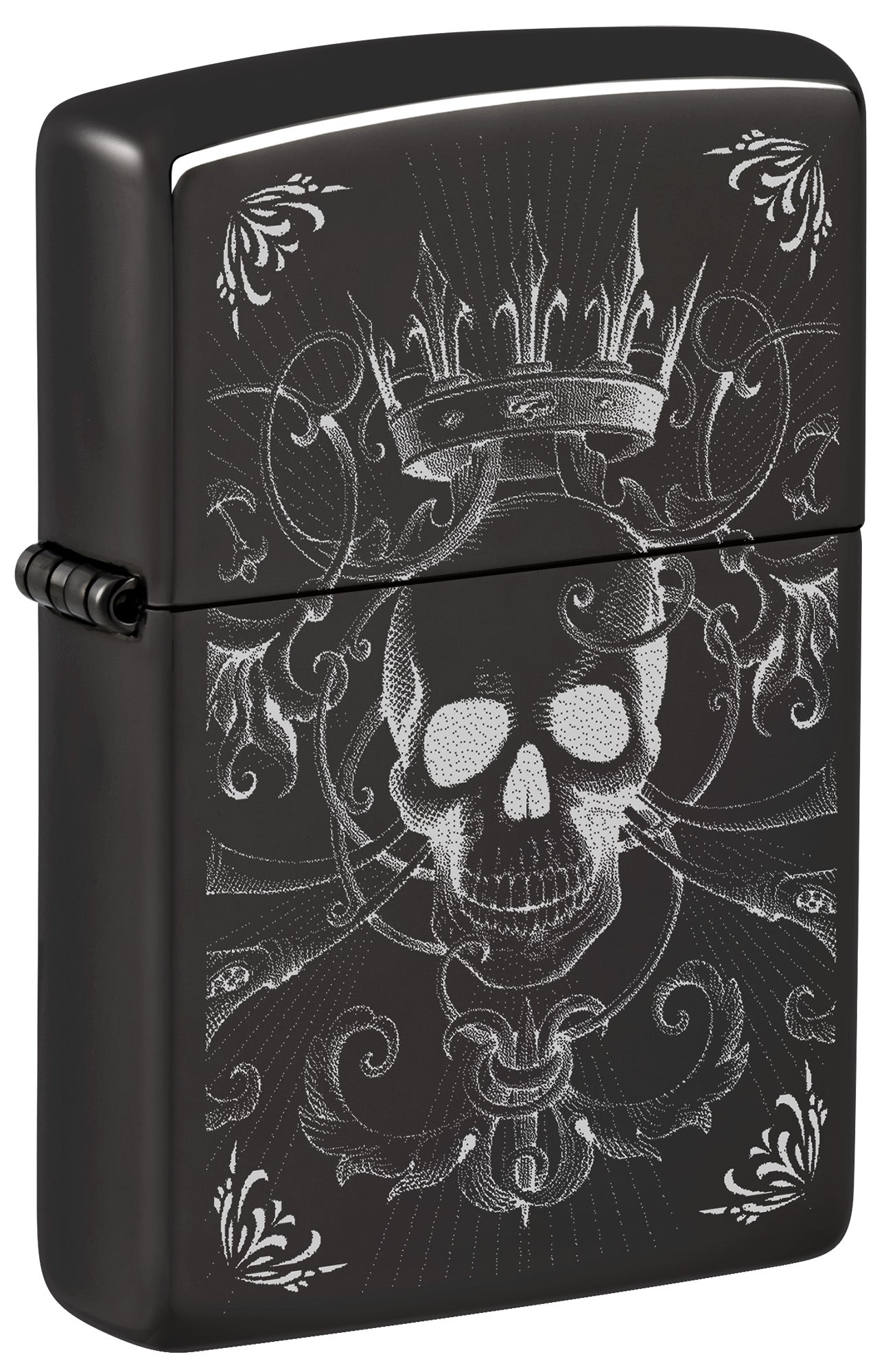 Black Zippo lighter with skull and crown design P1