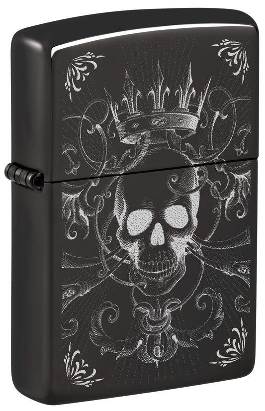 Black Zippo lighter with skull and crown design P1