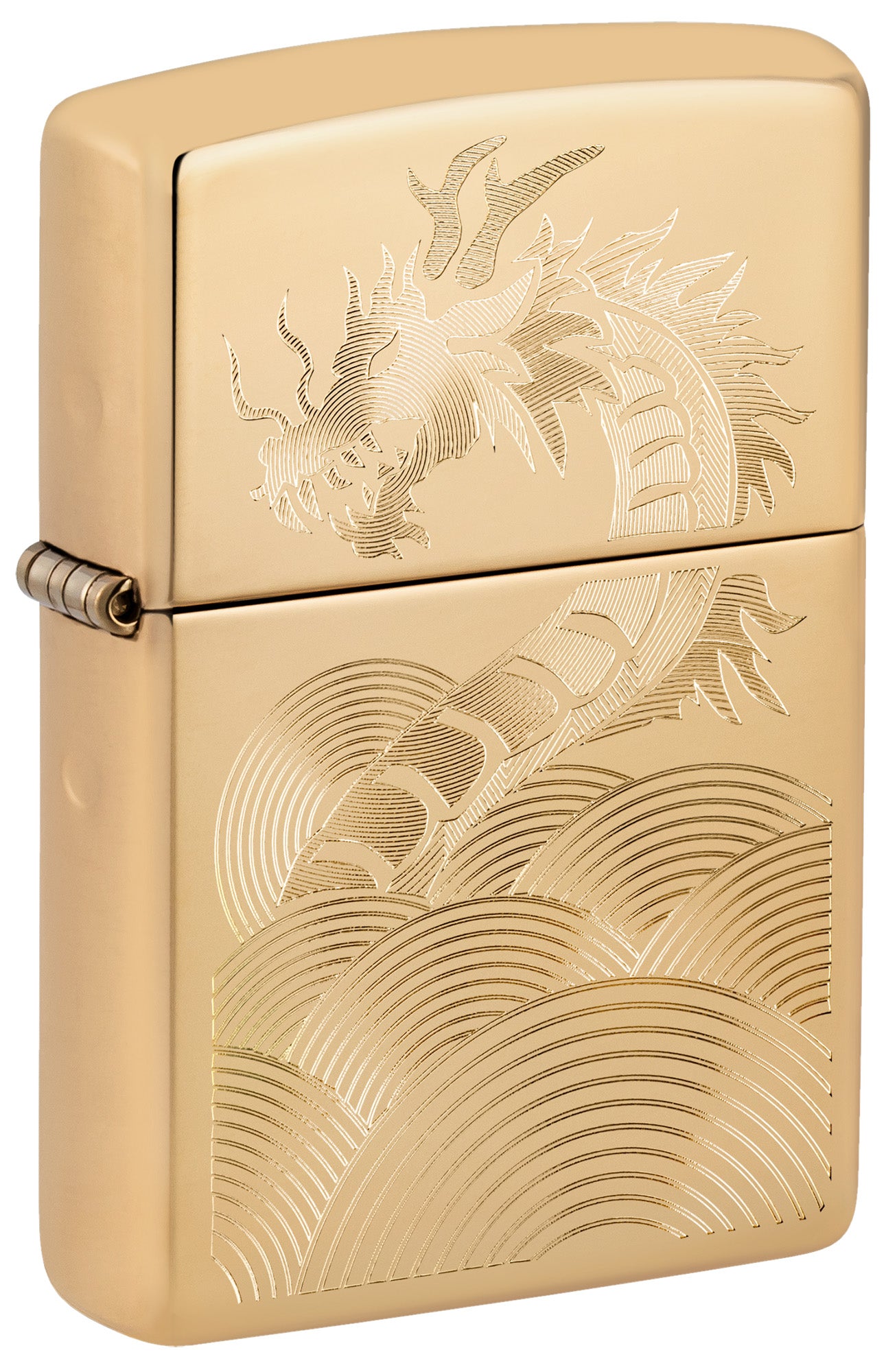 Gold Zippo lighter with engraved dragon design P1