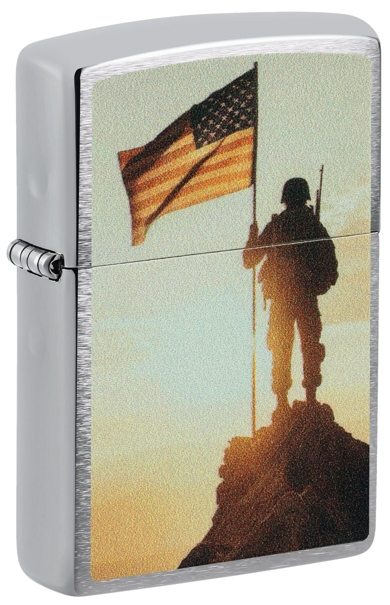 Zippo lighter with a design of a soldier holding an American flag on a mountain P1