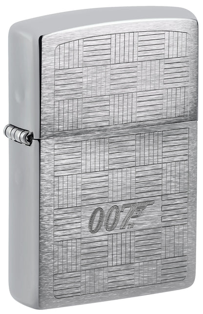 Silver Zippo lighter with '007' engraving on a textured background P1