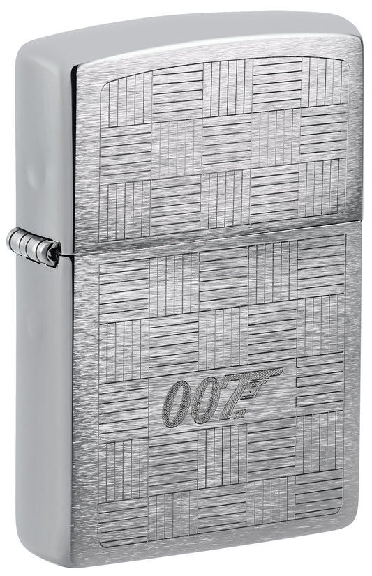 Silver Zippo lighter with '007' engraving on a textured background P1