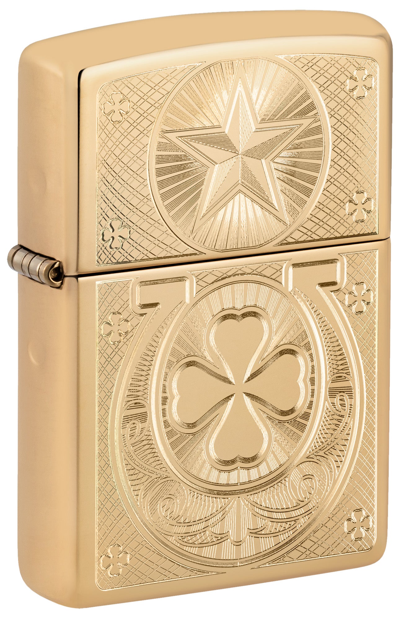 A gold Zippo lighter with a star and a clover motif P1