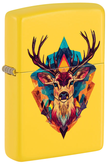 A bright yellow Zippo lighter with a colorful geometric deer design P1