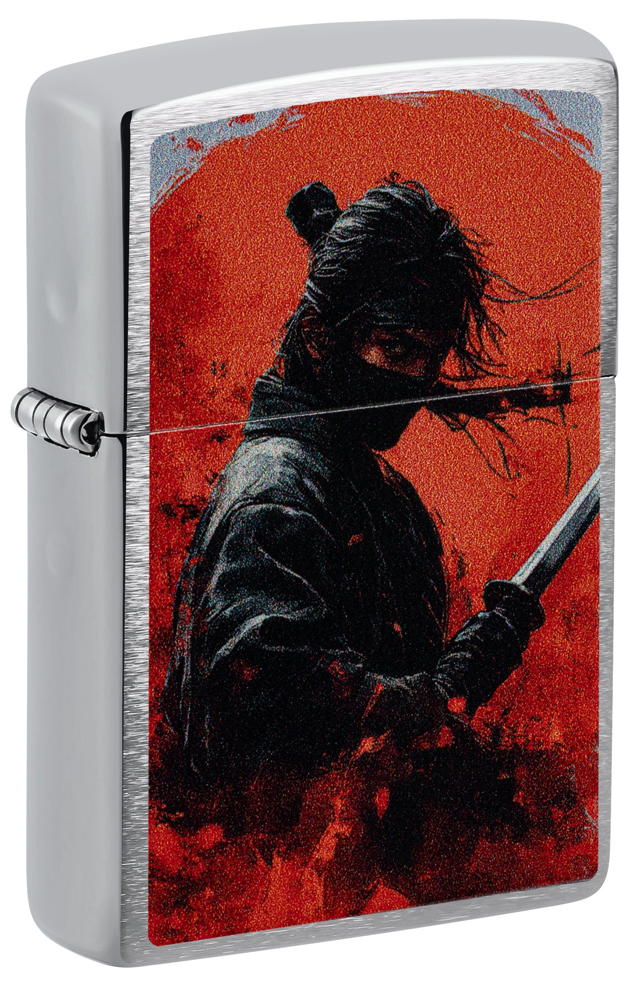 Silver Zippo lighter featuring a printed graphic of a dark samurai silhouette P1