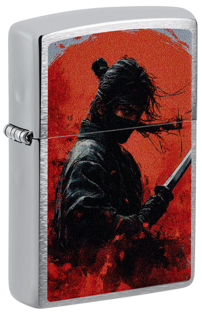 Silver Zippo lighter featuring a printed graphic of a dark samurai silhouette P1