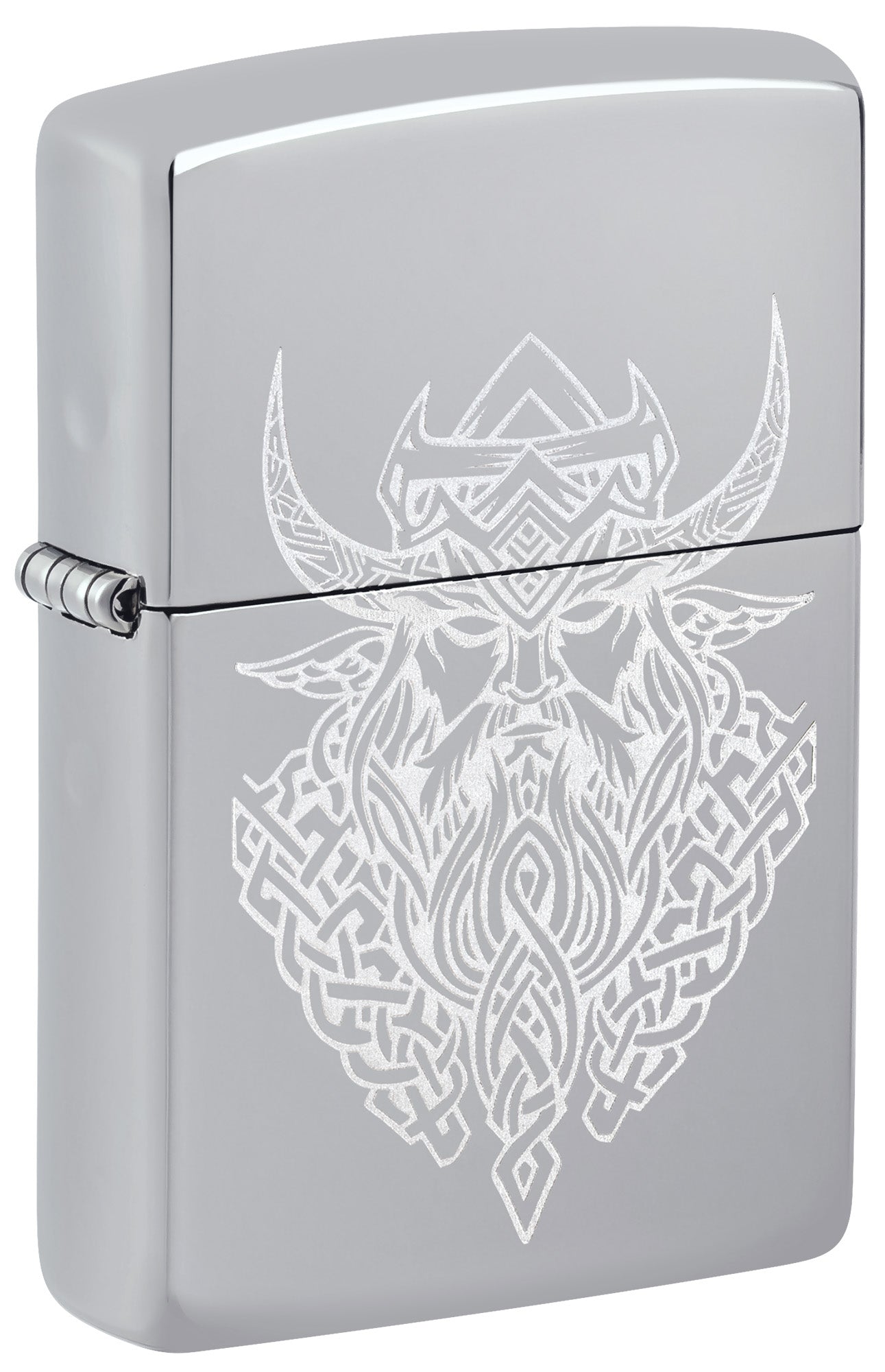 Silver Zippo lighter with a Viking design P1