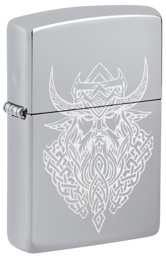 Silver Zippo lighter with a Viking design P1