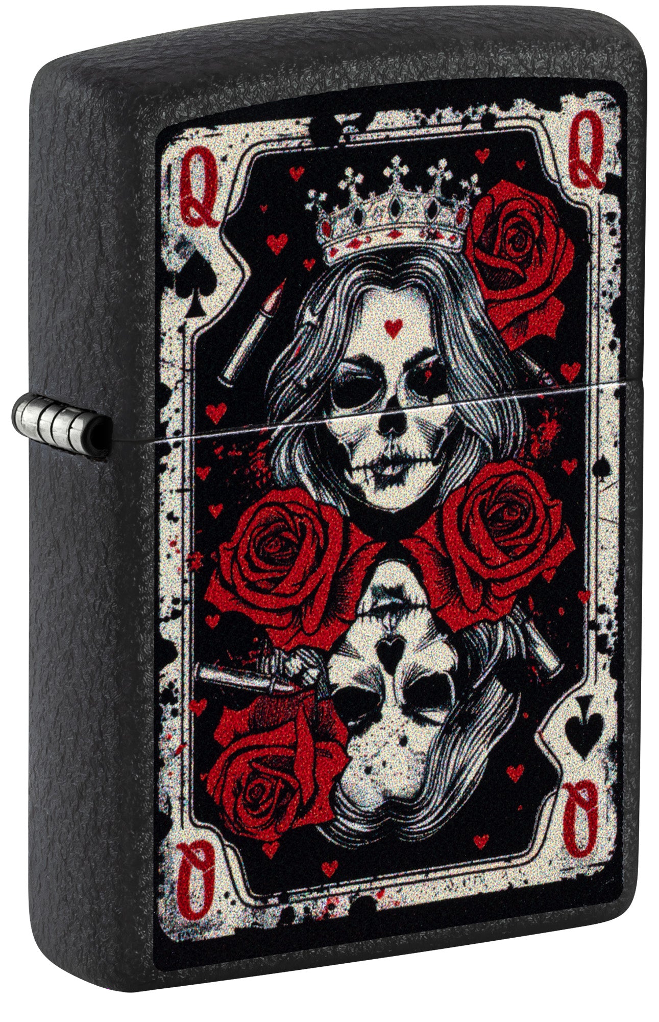 Black Zippo lighter with a design of a skull-faced queen of hearts P1